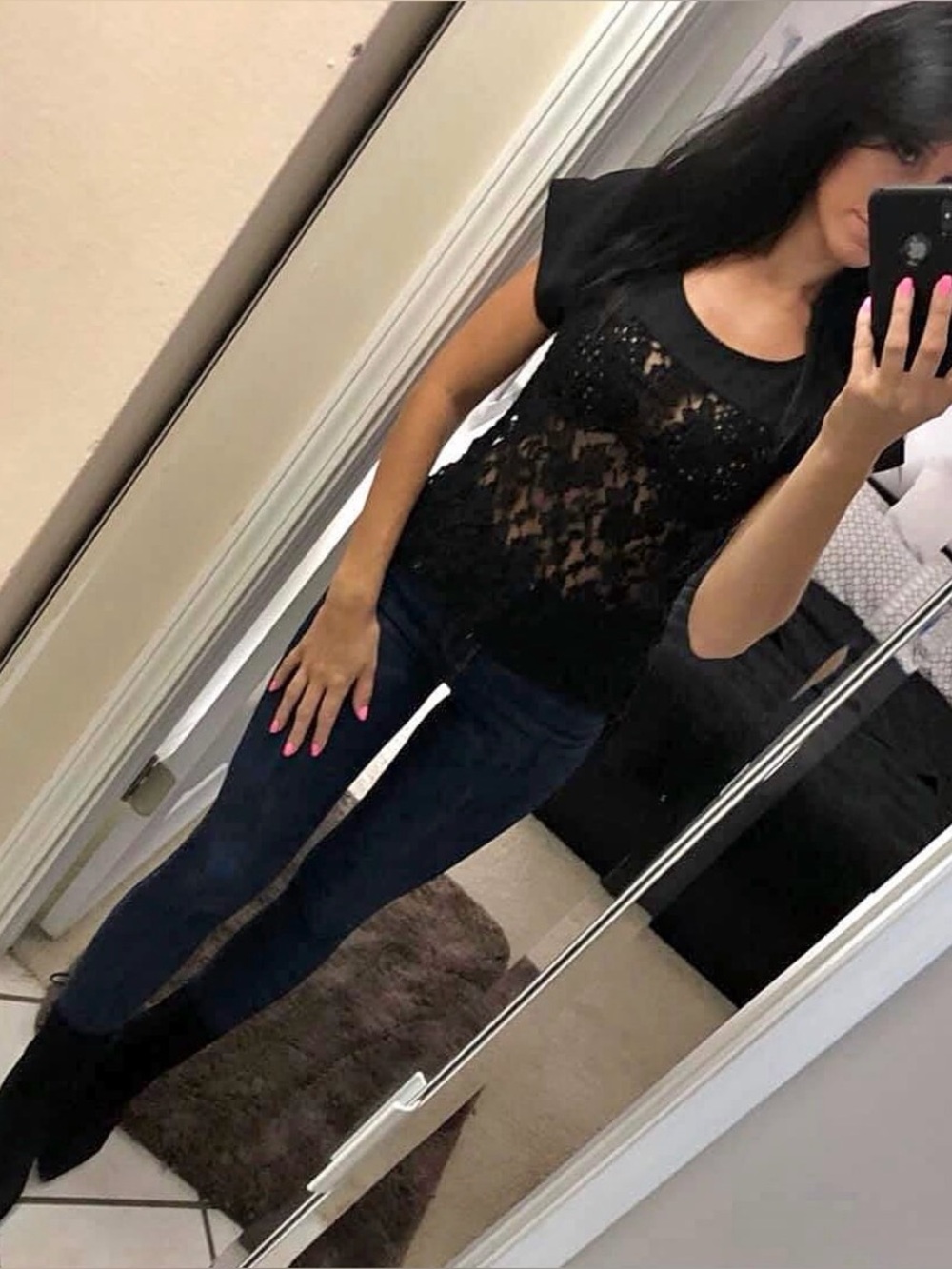 Black Lace High-Low Short Sleeve Blouse small